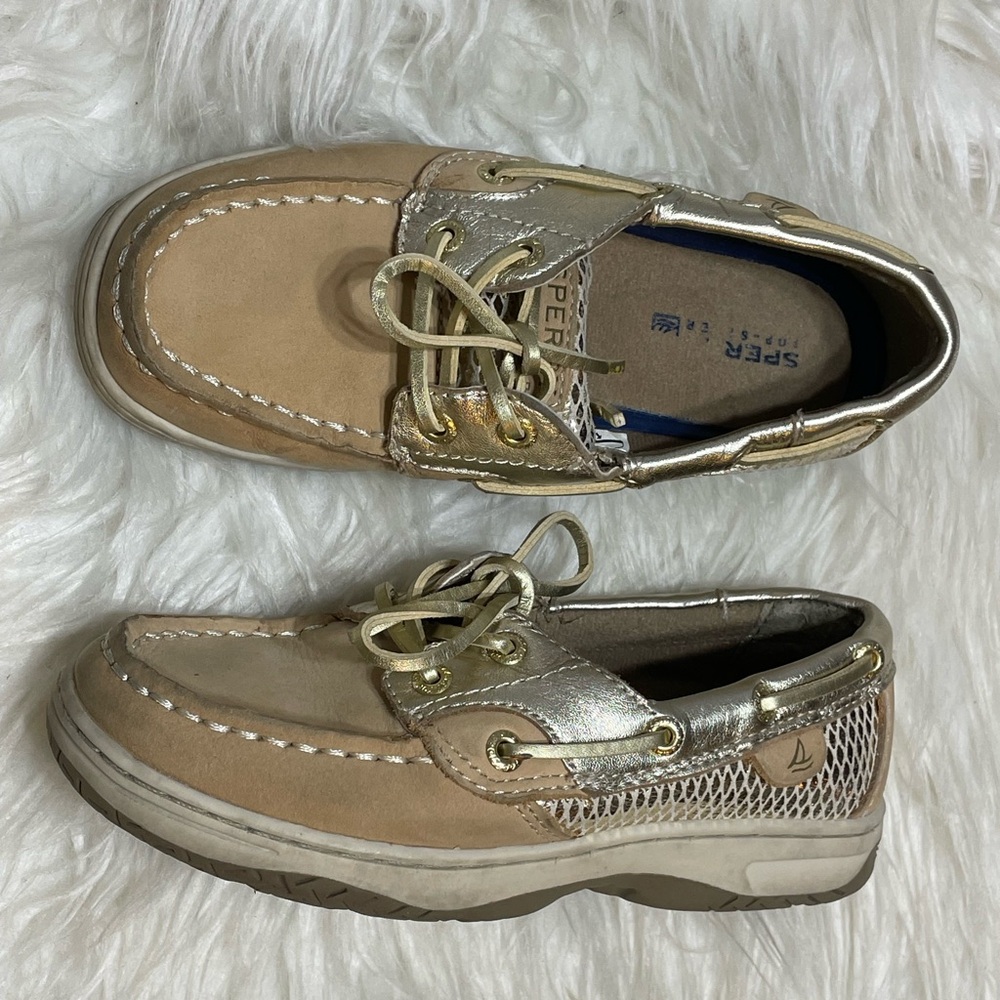 Sperry Blue Fish Gold and Tan Moccasin Boat Shoes